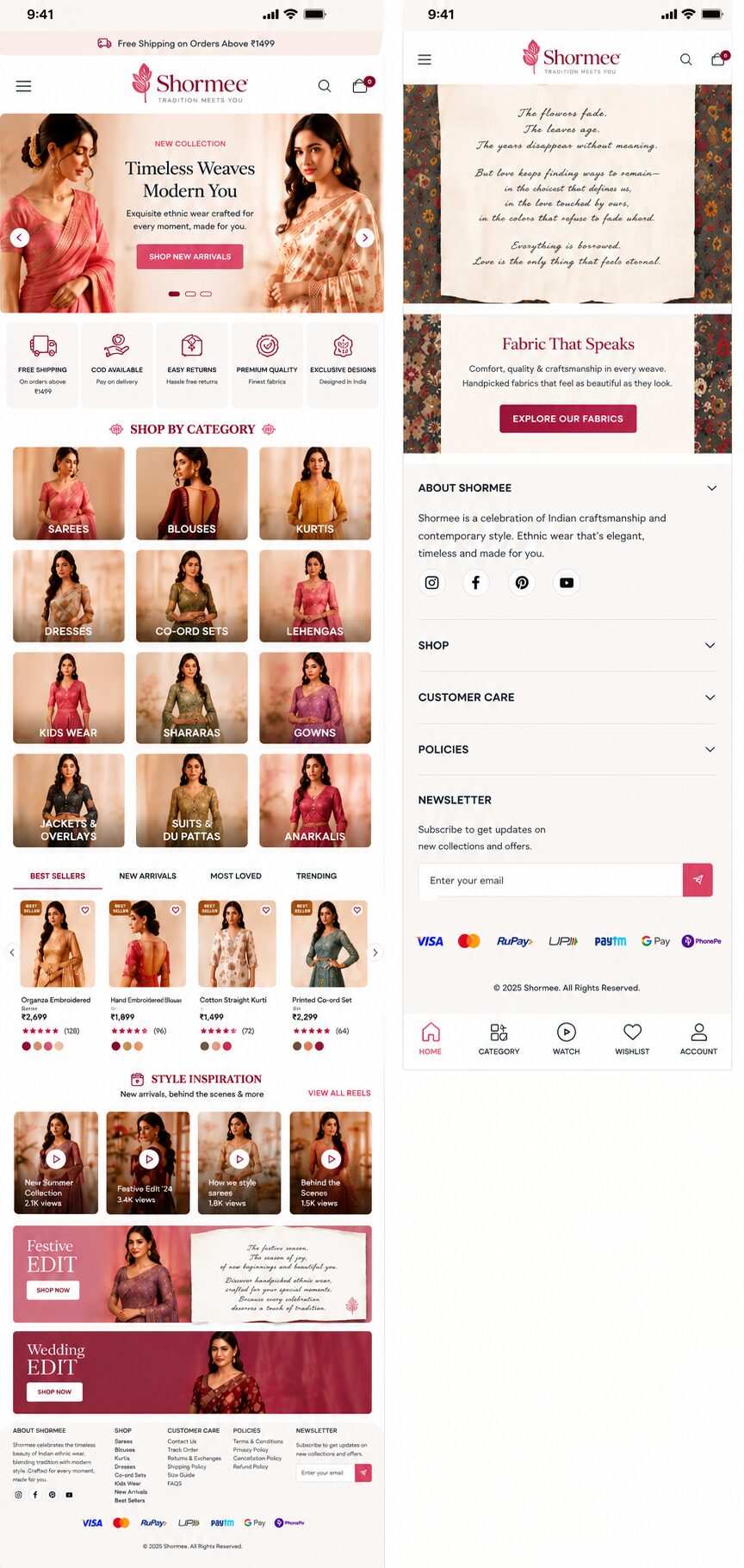 Shormee mobile app: home screen with categories, best sellers and footer
